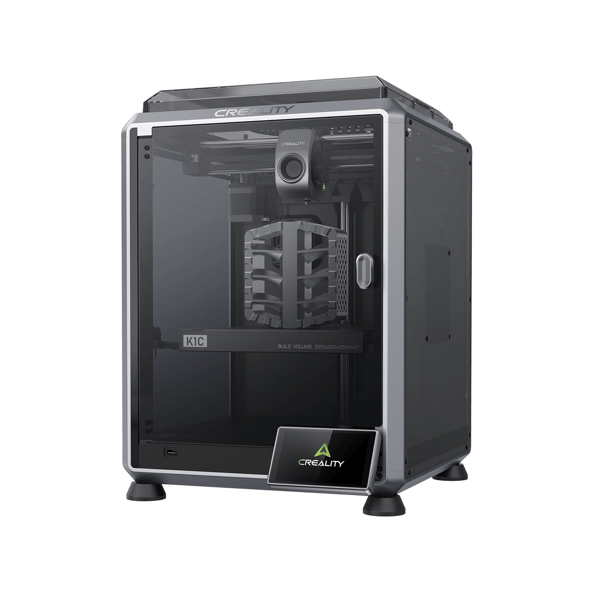 Creality K1C enclosed 3D printer with PLA, PETG, ASA, TPU, and carbon-fiber filament material paths
