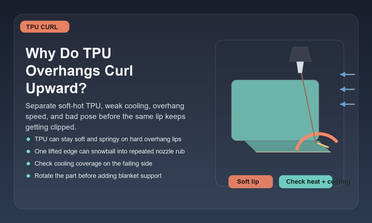Illustration of a TPU print with an overhang edge curling upward toward the nozzle, showing soft-hot TPU, cooling, speed, and orientation as likely causes.