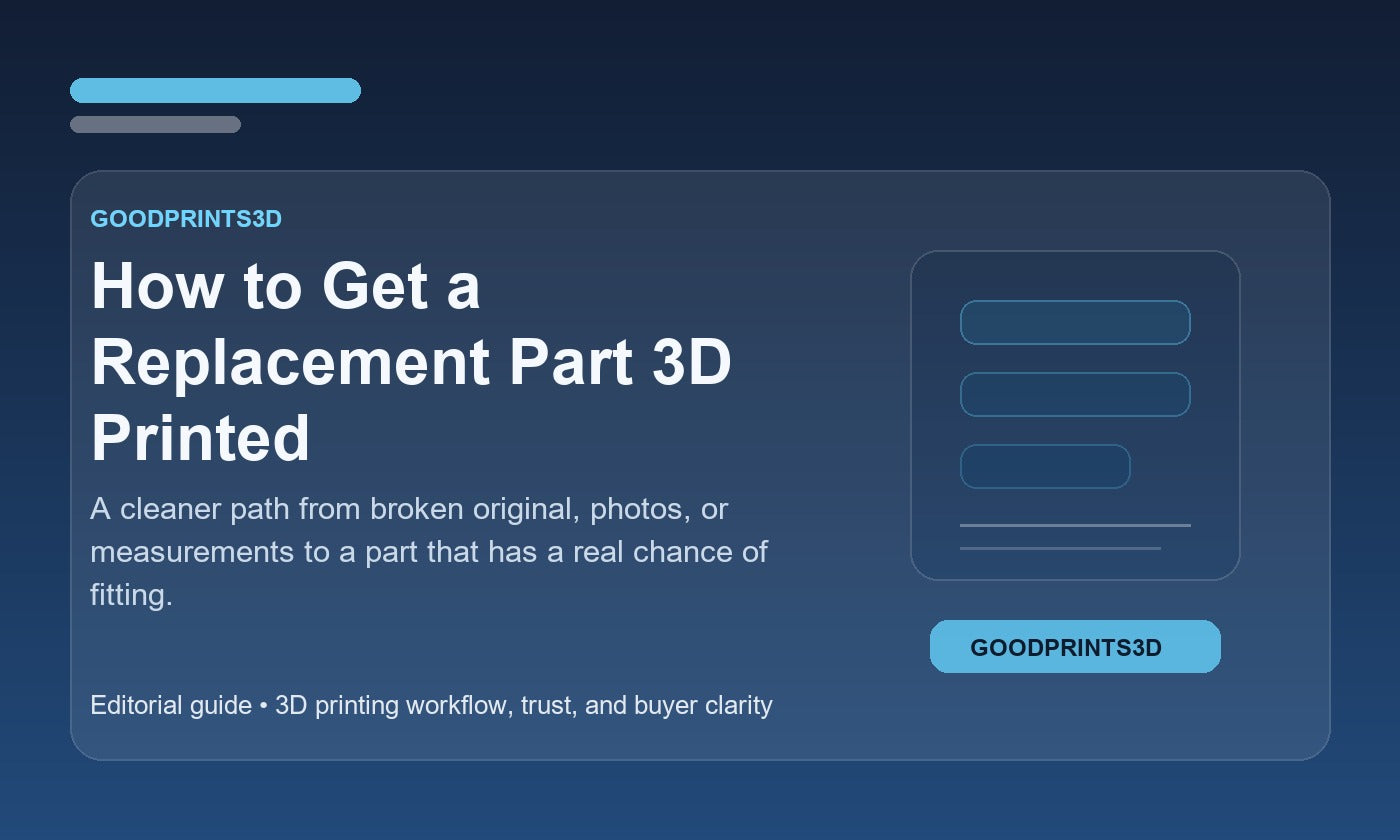 Branded GoodPrints3D article image for a guide about how to get a replacement part 3D printed from a broken original, photo, or measurements.