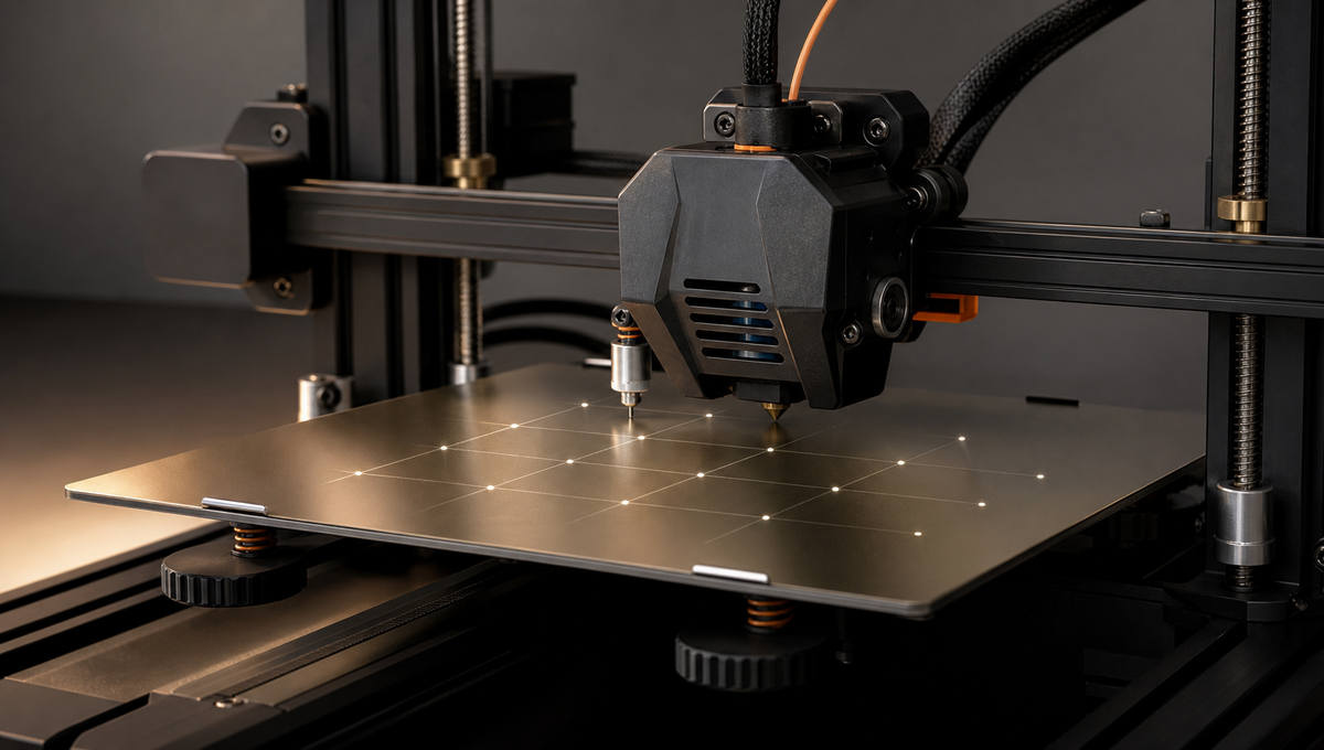 Automatic bed-leveling probe measuring a grid of points on a removable 3D printer build plate.