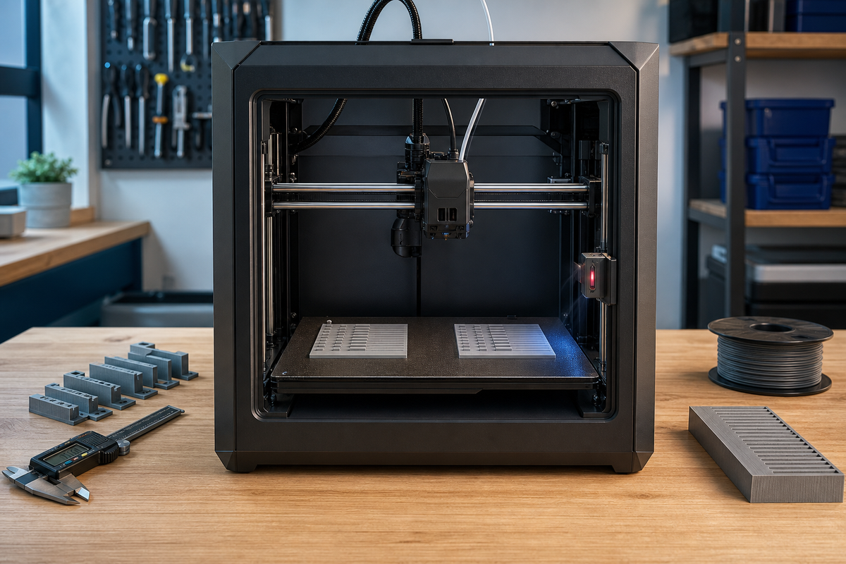 Desktop FDM 3D printer comparing sensor-assisted automatic flow calibration with manual calibration coupons and a digital caliper.