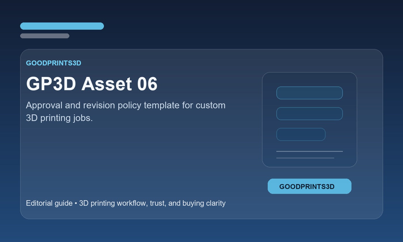 Branded GoodPrints3D article image for GP3D Asset 06, an approval and revision policy template for custom 3D printing jobs.