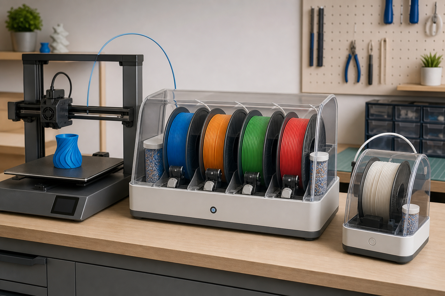 Four-spool filament enclosure with desiccant beside a separate filament dryer and 3D printer