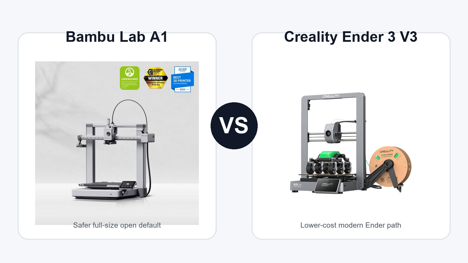 Bambu Lab A1 and Creality Ender 3 V3 3D printer comparison hero image