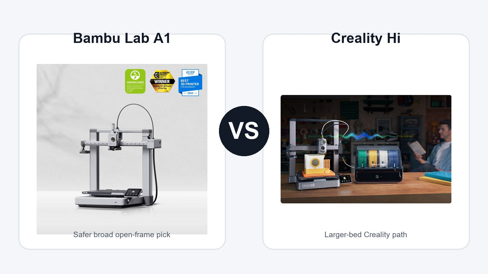 Bambu Lab A1 and Creality Hi 3D printer comparison hero image