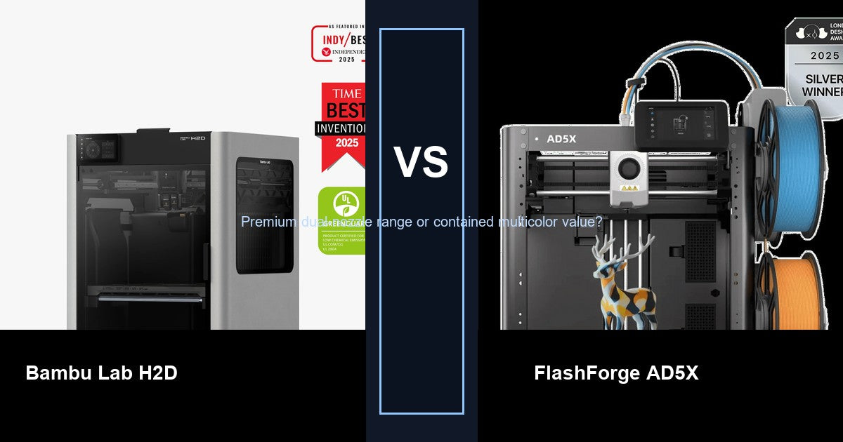 Bambu Lab H2D vs FlashForge AD5X comparison hero image