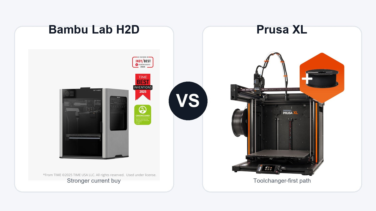 Bambu Lab H2D and Prusa XL 3D printer comparison hero image