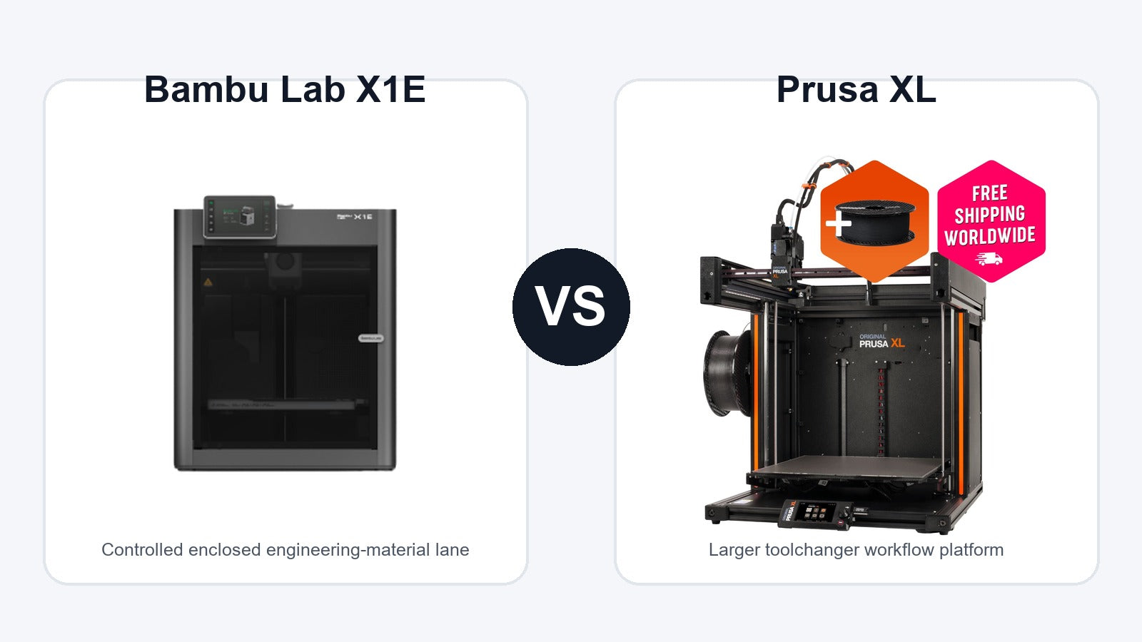 Bambu Lab X1E and Prusa XL 3D printer comparison hero image