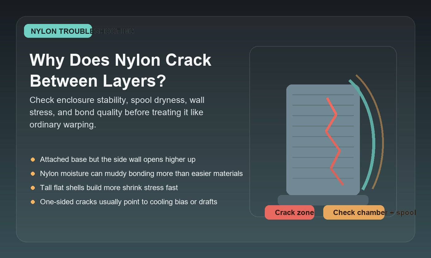 Illustration of a nylon print with a visible side-wall crack between layers, highlighting enclosure stability, spool dryness, and wall-stress diagnosis.