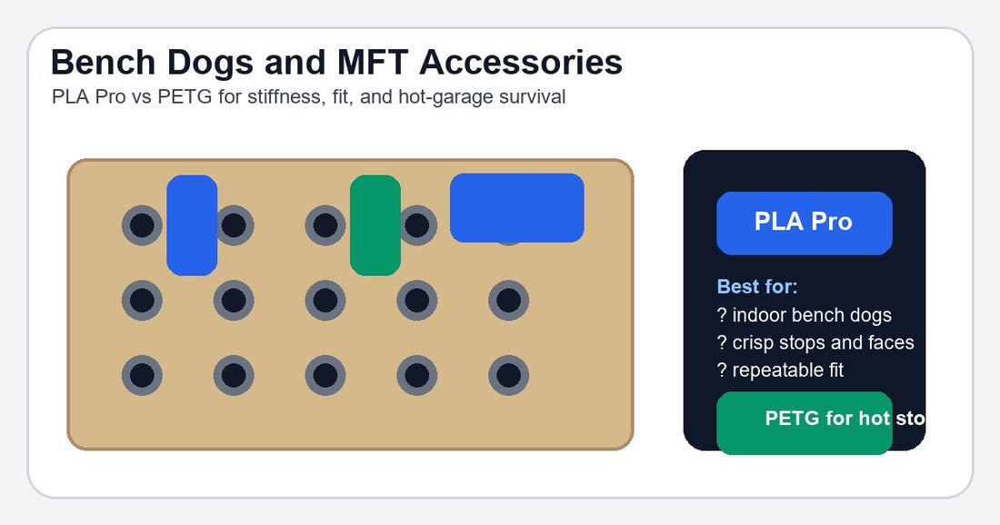 Illustrated comparison for 3D printed bench dogs and MFT accessories showing PLA Pro versus PETG for stiffness, accuracy, and heat tolerance.
