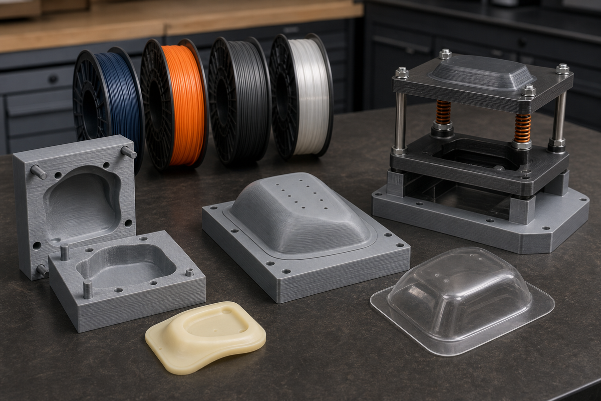 Unbranded filament spools behind FDM-printed two-part casting molds, a vented vacuum-forming buck, a press-forming jig, and a clear formed plastic shell on a workshop bench.
