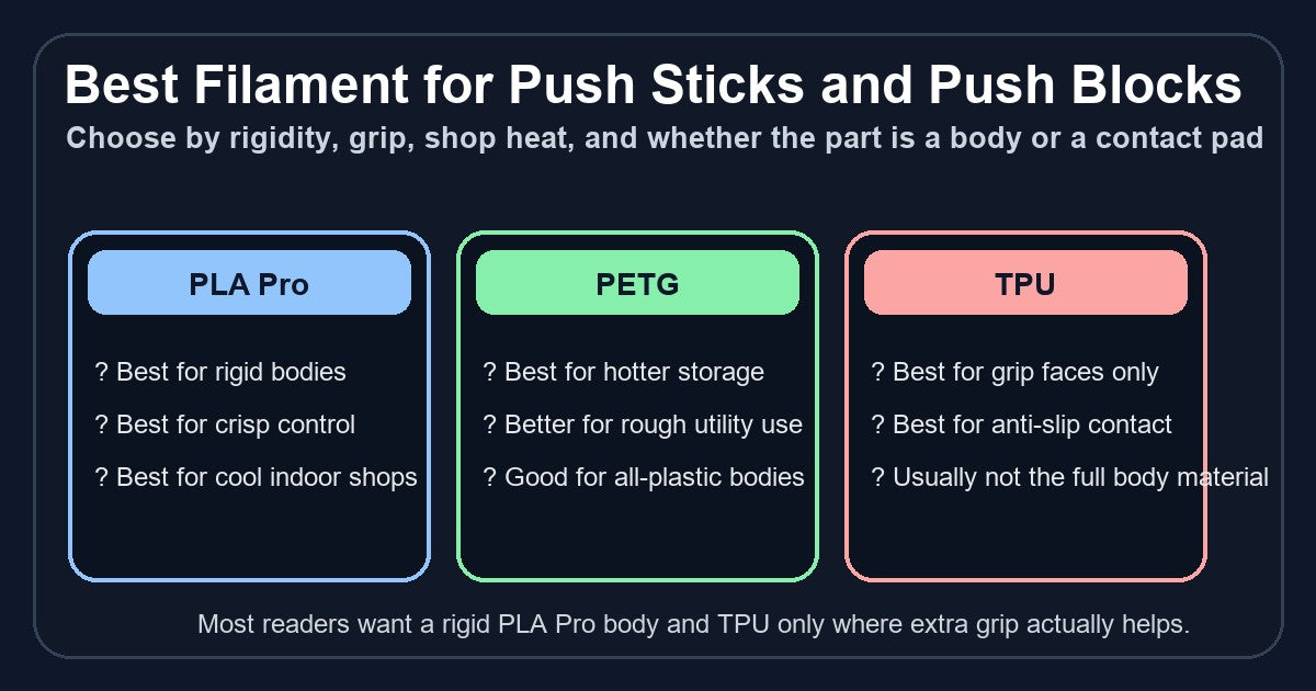 Comparison graphic for the best filament for 3D printed push sticks and push blocks showing PLA Pro, PETG, and TPU roles