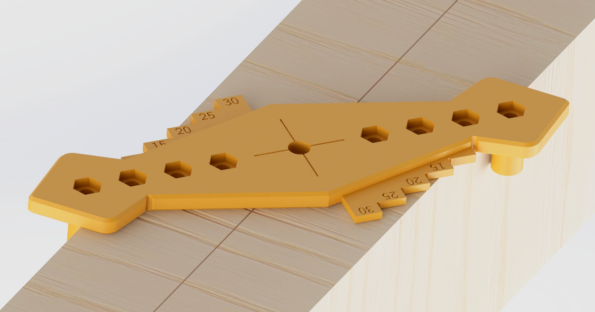 3D printed self centering gauge marking the middle of a board for faster workshop layout