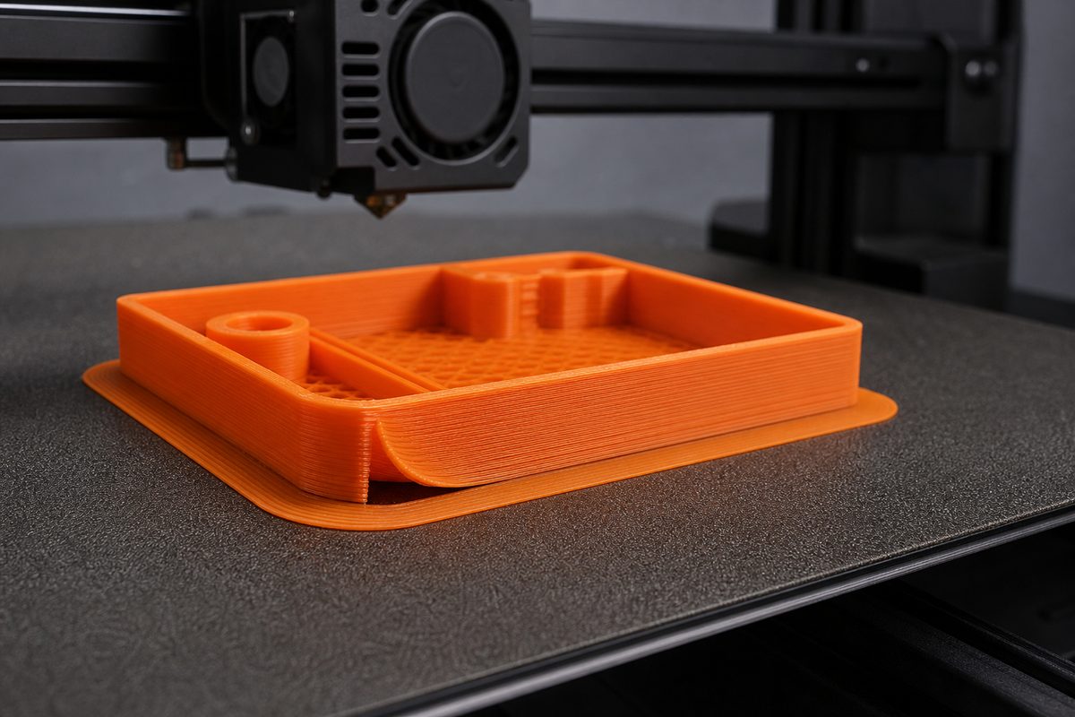 Orange FDM print lifting away from its flat, still-adhered brim on a textured build plate.