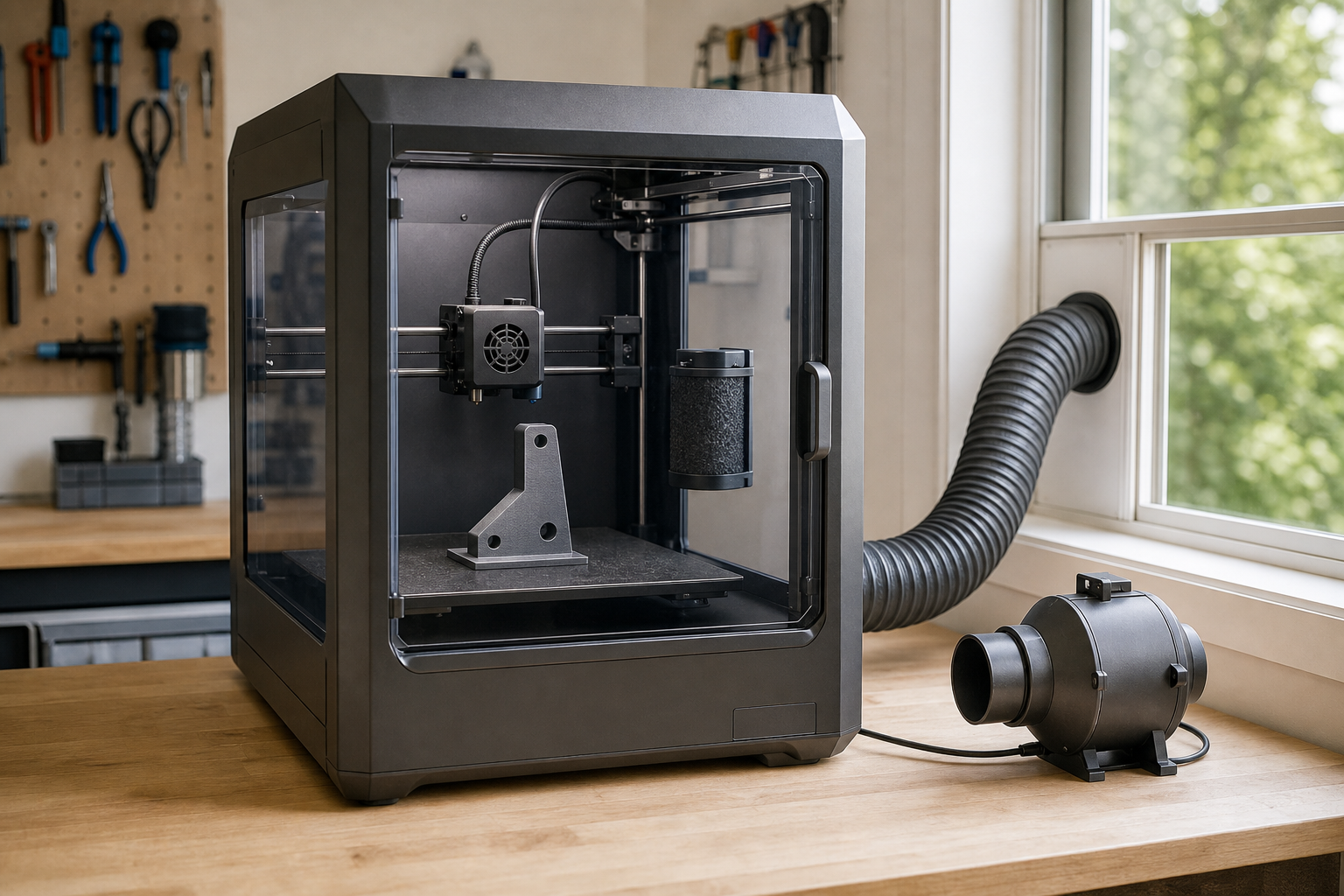 Enclosed FDM 3D printer with an internal recirculating filter beside a separate external exhaust fan and window duct.
