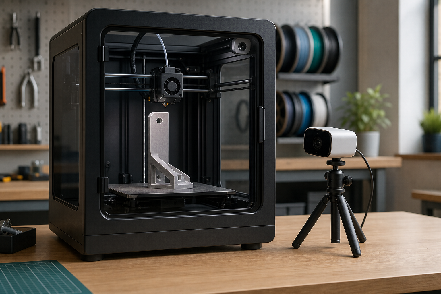 Enclosed FDM 3D printer with a built-in chamber camera beside a separate camera on a small tripod aimed at the print bed.