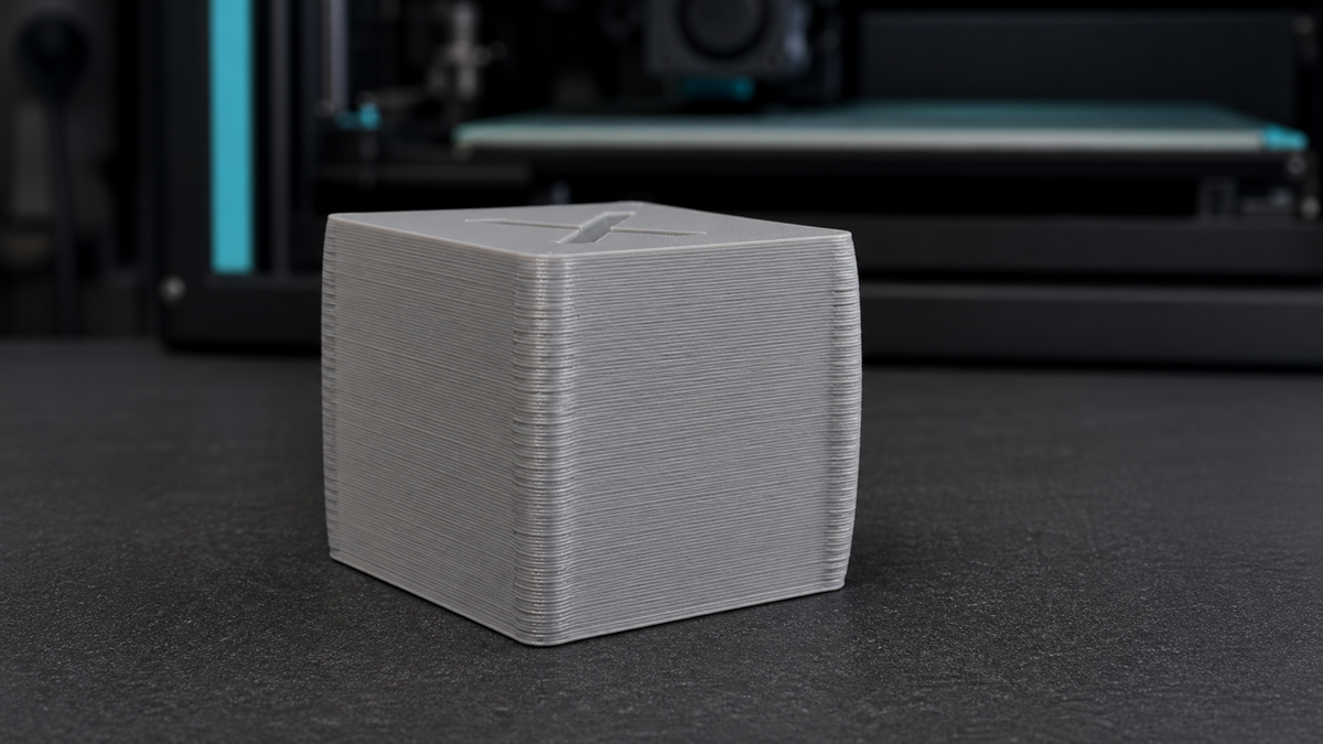 Light gray FDM calibration cube with outward-bulging rounded vertical corners on a dark workbench