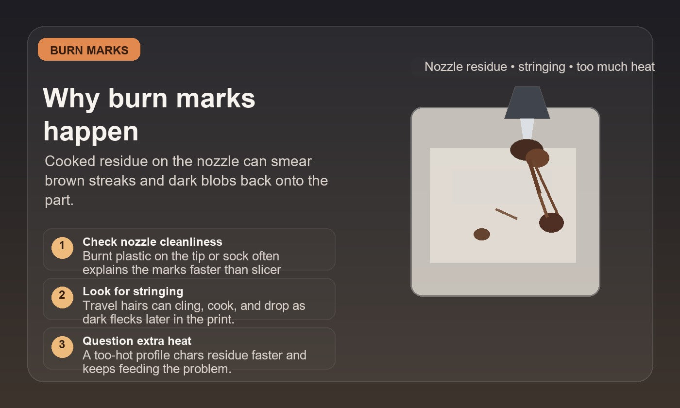 Illustration of a 3D printer nozzle carrying burnt filament residue that leaves brown streaks and dark blobs on a light-colored print.