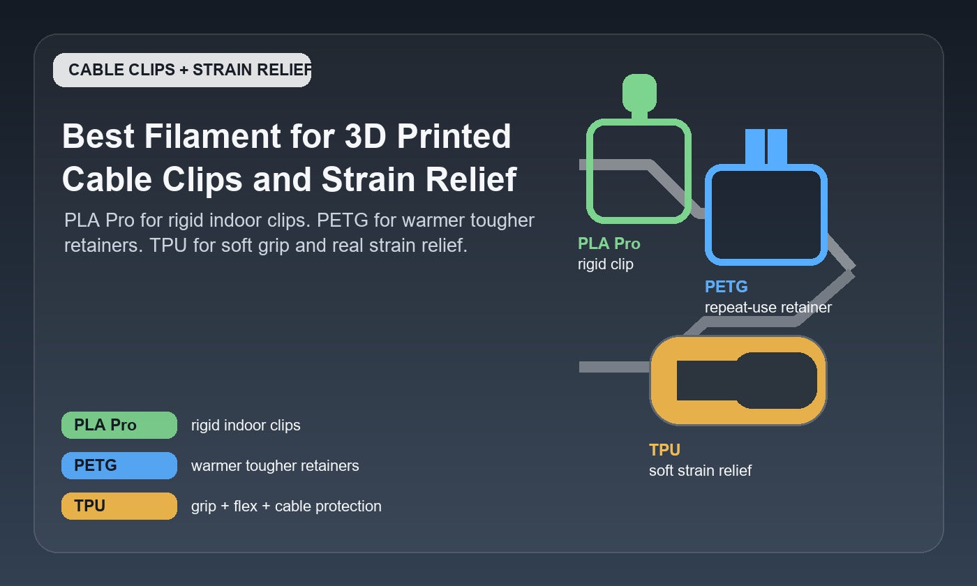 Illustrated 3D printed cable clips and strain relief parts comparing rigid PLA Pro clips, tougher PETG retainers, and flexible TPU cable grips for bench and shop wiring workflows