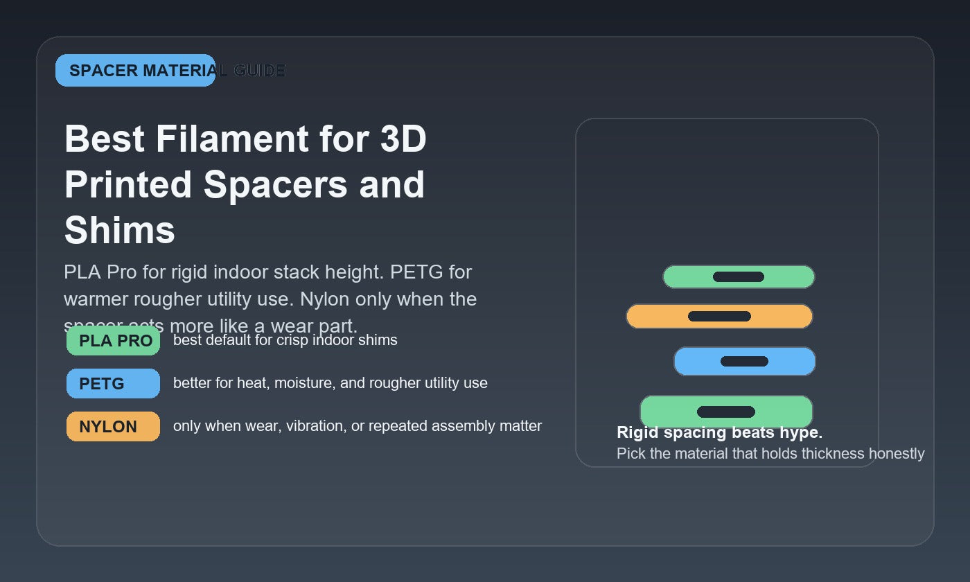 Material comparison graphic for 3D printed spacers and shims showing PLA Pro, PETG, and nylon as different choices for rigid indoor spacing, warmer utility use, and wear-prone machine-side parts.