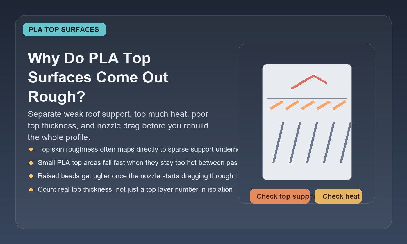 Illustration of a PLA 3D print with a rough top surface, showing weak infill support, too much heat, poor top-layer coverage, and nozzle drag as likely causes.