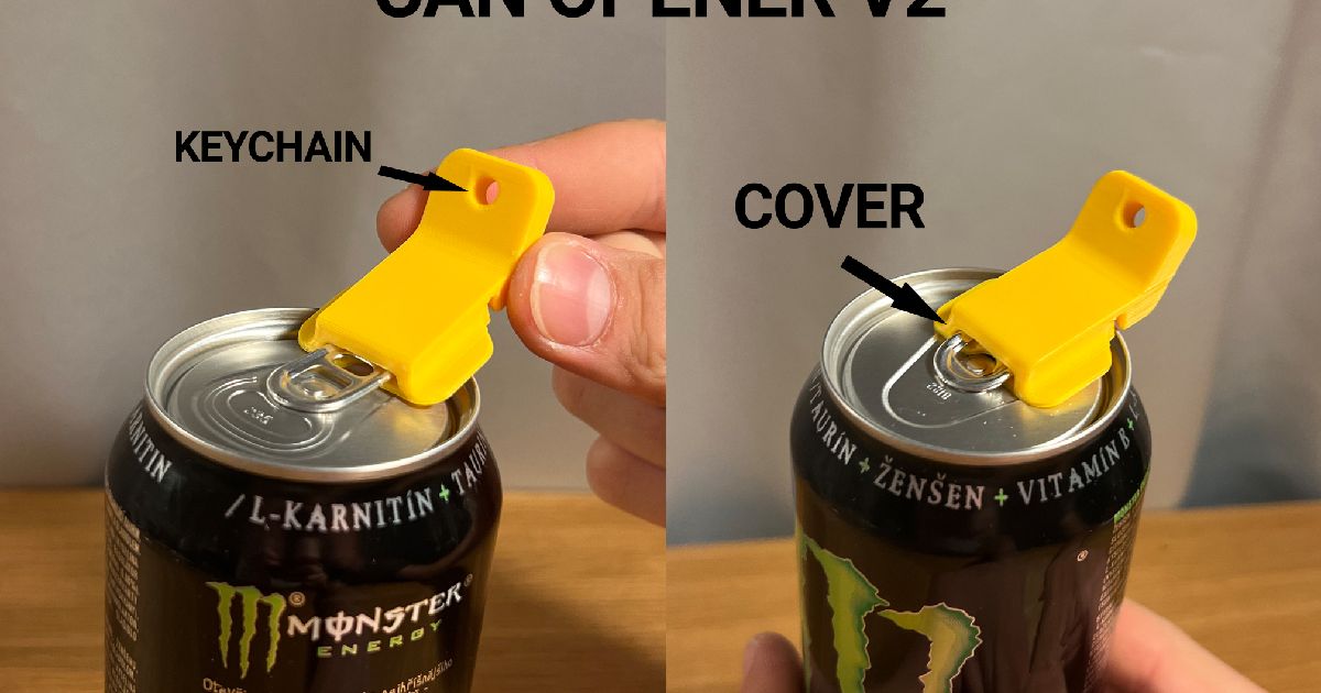 3D printed beverage can opener with fitted cover on top of an opened drink can