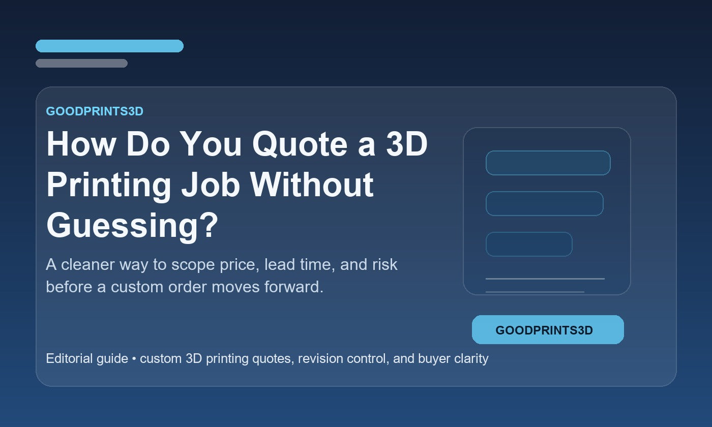 Branded GoodPrints3D article image for a guide about quoting custom 3D printing jobs without guessing on price, time, or risk.