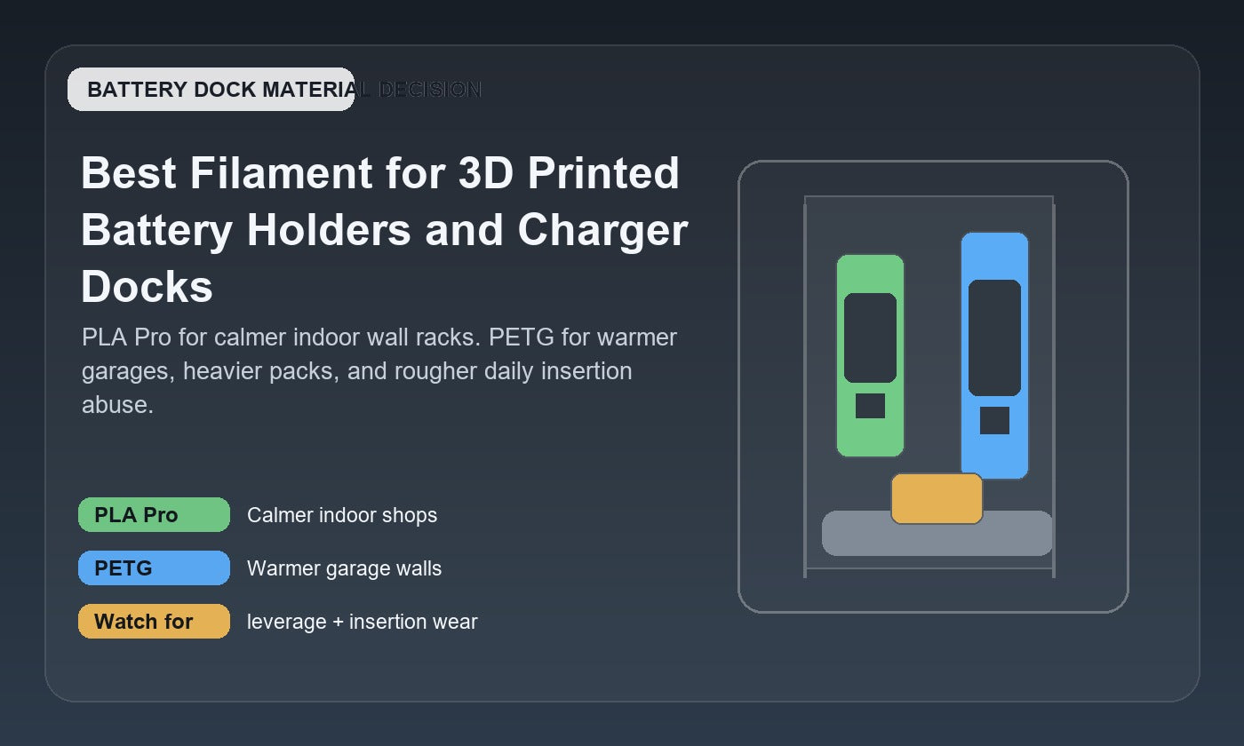 Illustrated wall-mounted battery holders and charger dock comparison showing PLA Pro for calmer indoor shop installs and PETG for warmer garages and harder utility duty