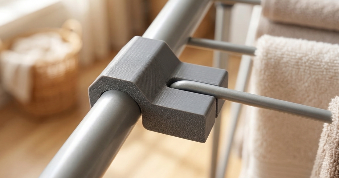3D printed replacement holder for broken drying rack rods on a folding laundry rack