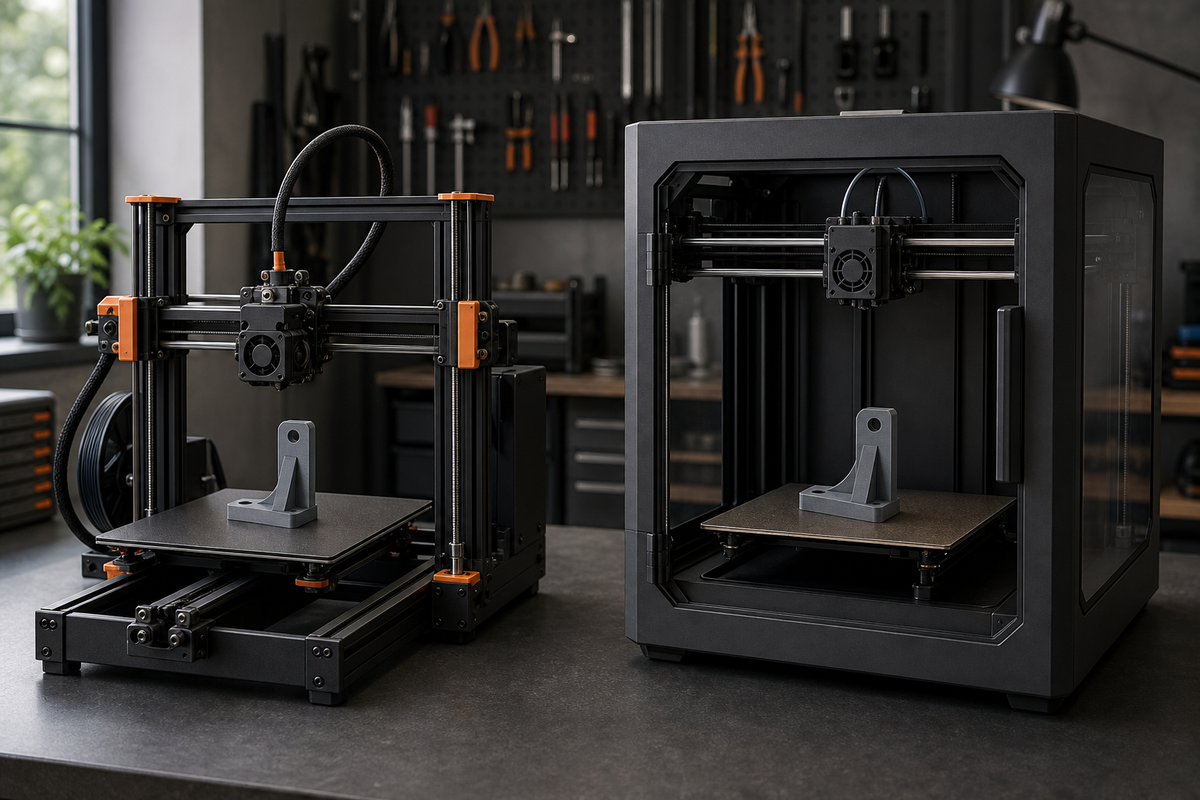 An open-frame bedslinger 3D printer beside an enclosed CoreXY printer, both holding the same gray printed bracket.