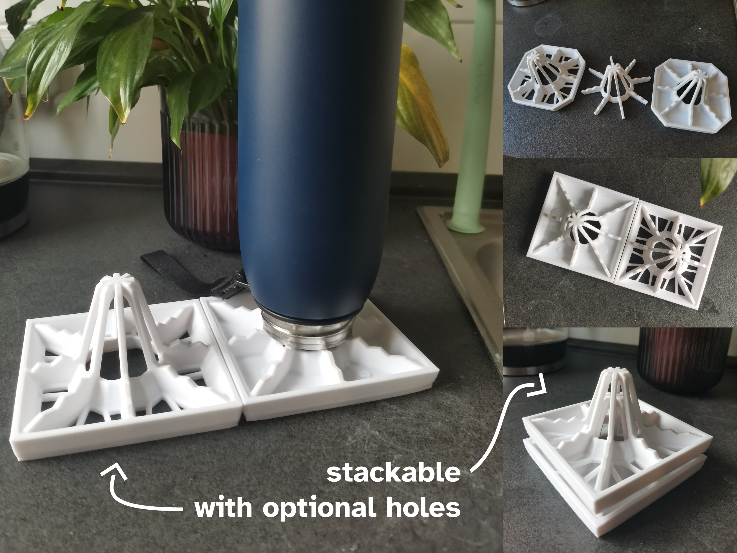 Stackable 3D printed bottle drying rack holding reusable bottles and cups on a countertop