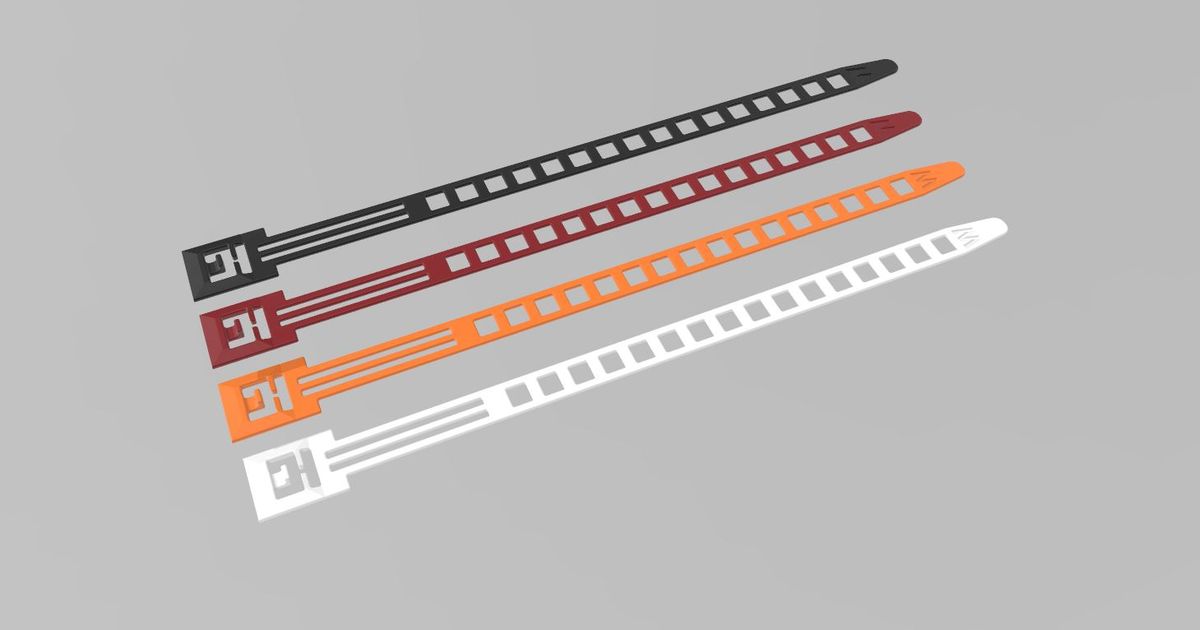 Reusable 3D printed zip tie fasteners used for bundling cables, hoses, and shop gear