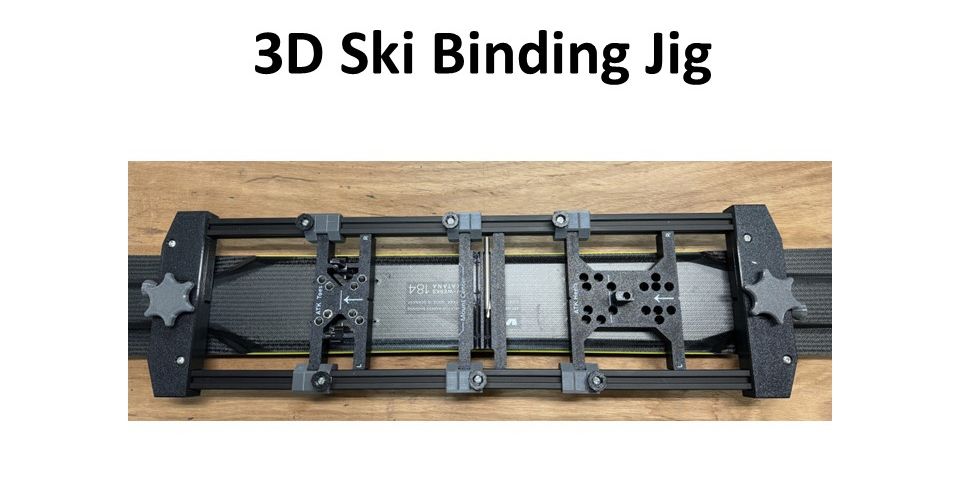 3D printed ski binding jig with aligned toe and heel drill templates on extrusion rails