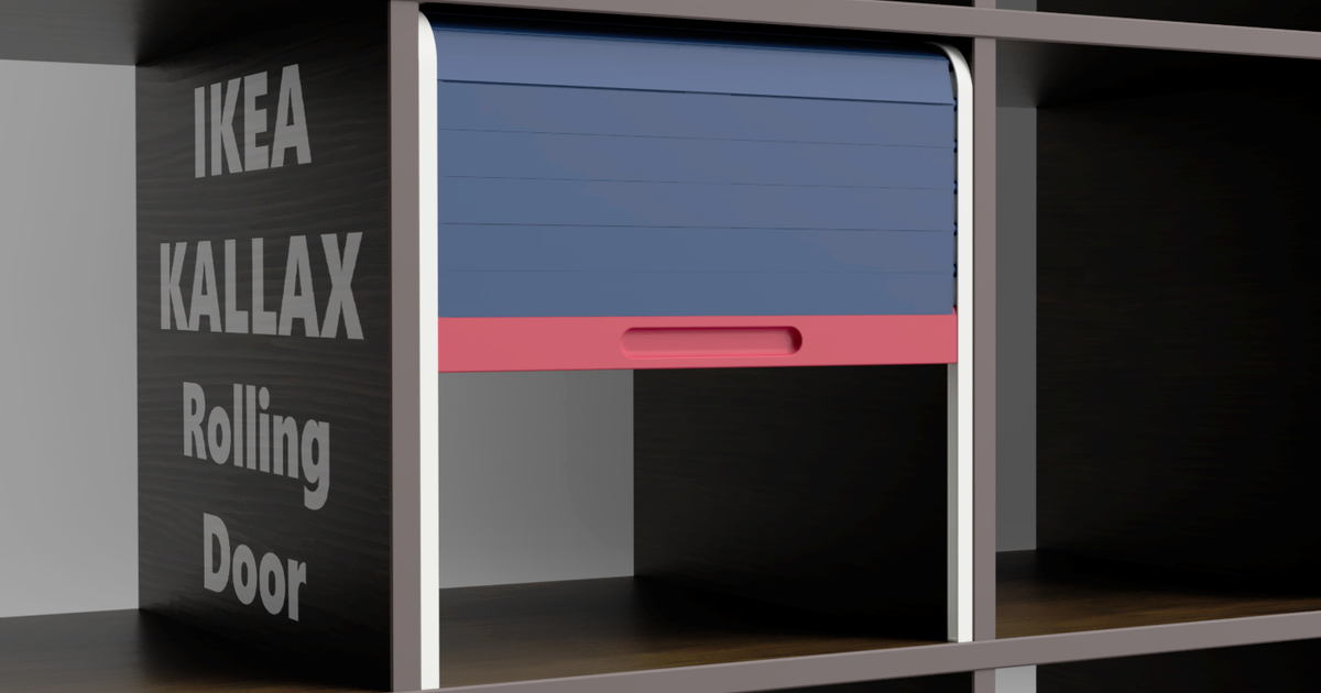 3D printed rolling shutter door installed in an IKEA KALLAX cube shelf to hide stored items