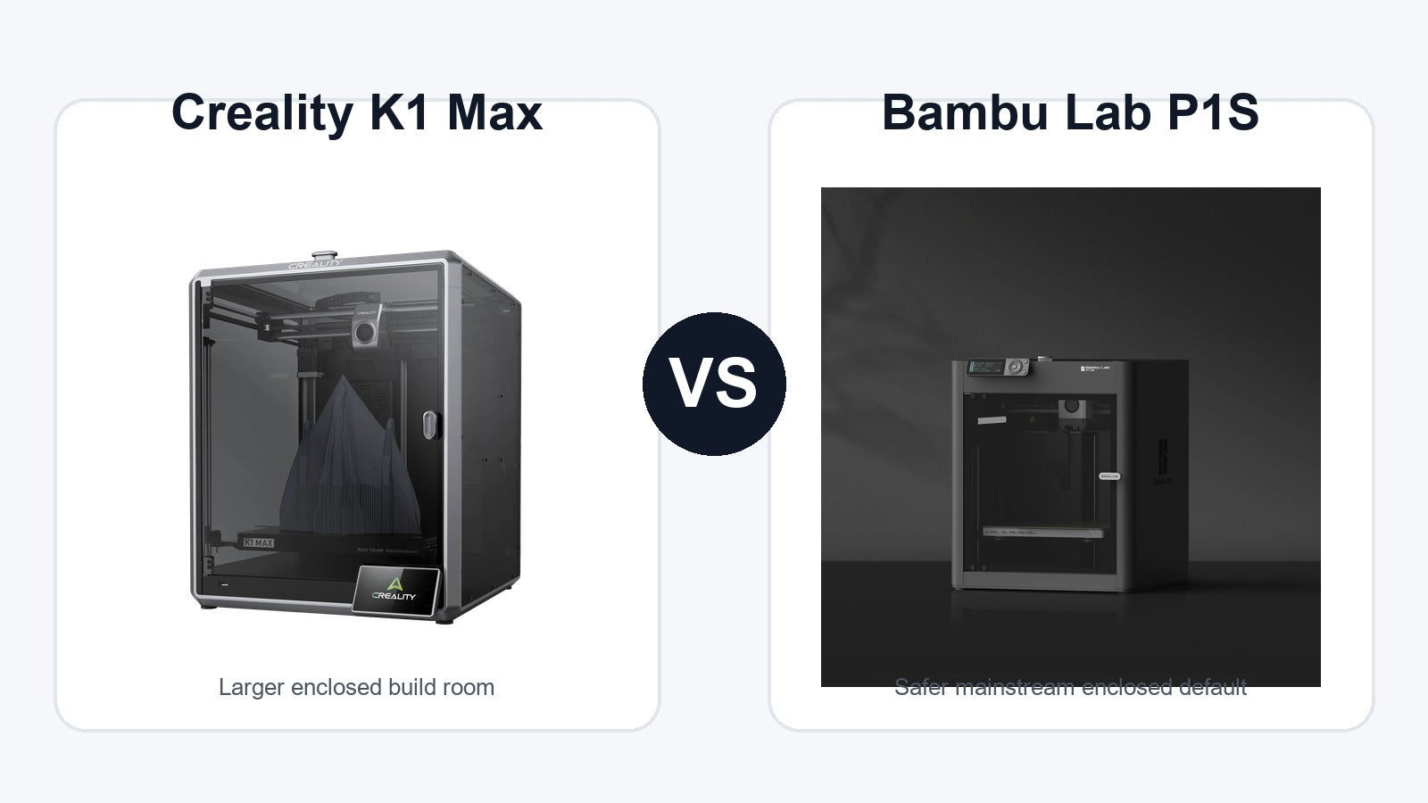 Creality K1 Max and Bambu Lab P1S 3D printer comparison hero image