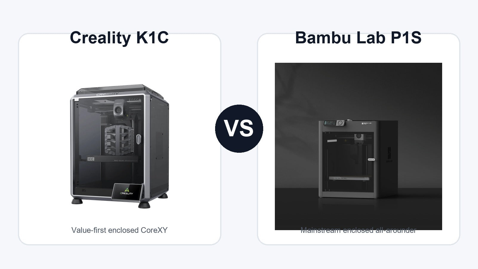 Creality K1C and Bambu Lab P1S 3D printer comparison hero image