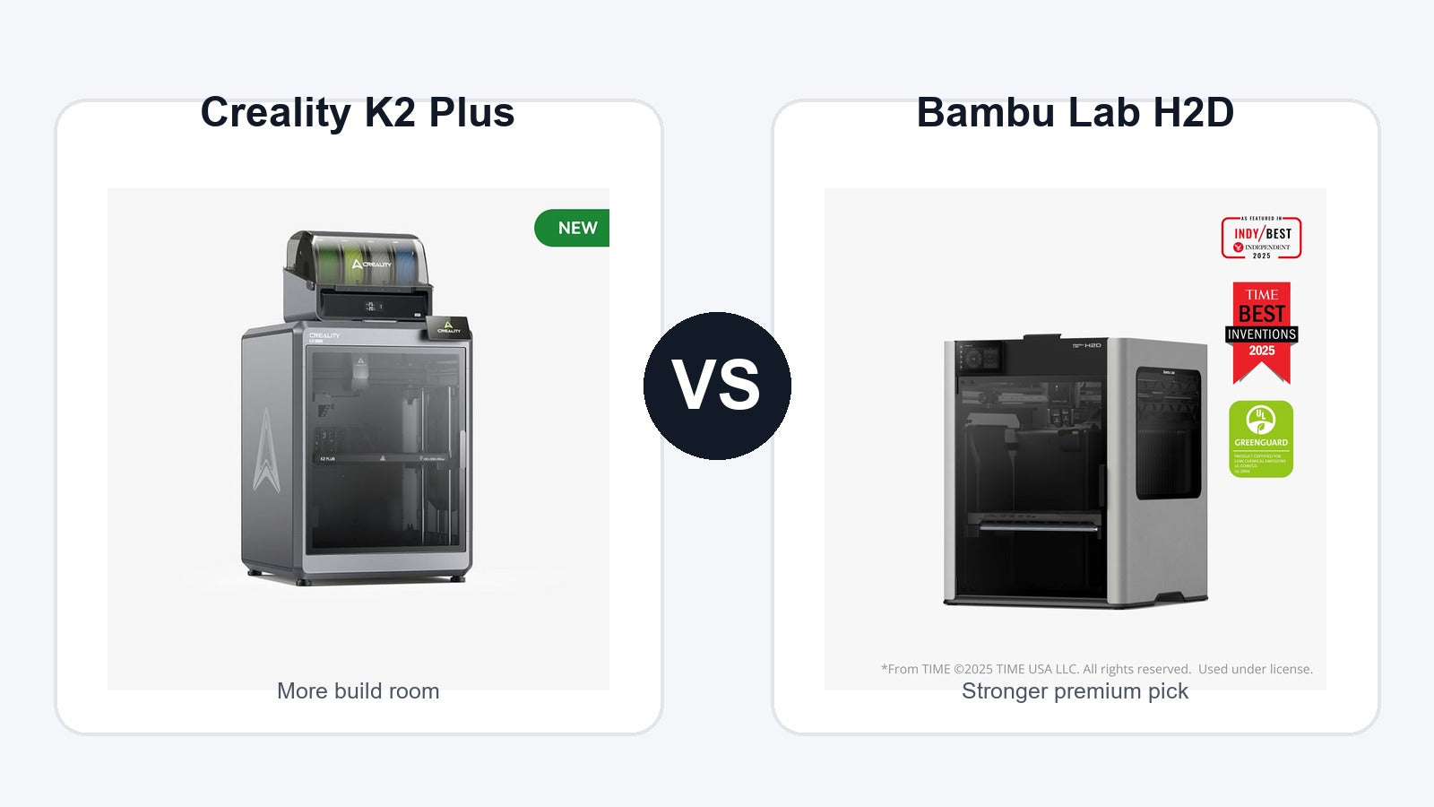 Creality K2 Plus and Bambu Lab H2D 3D printer comparison hero image