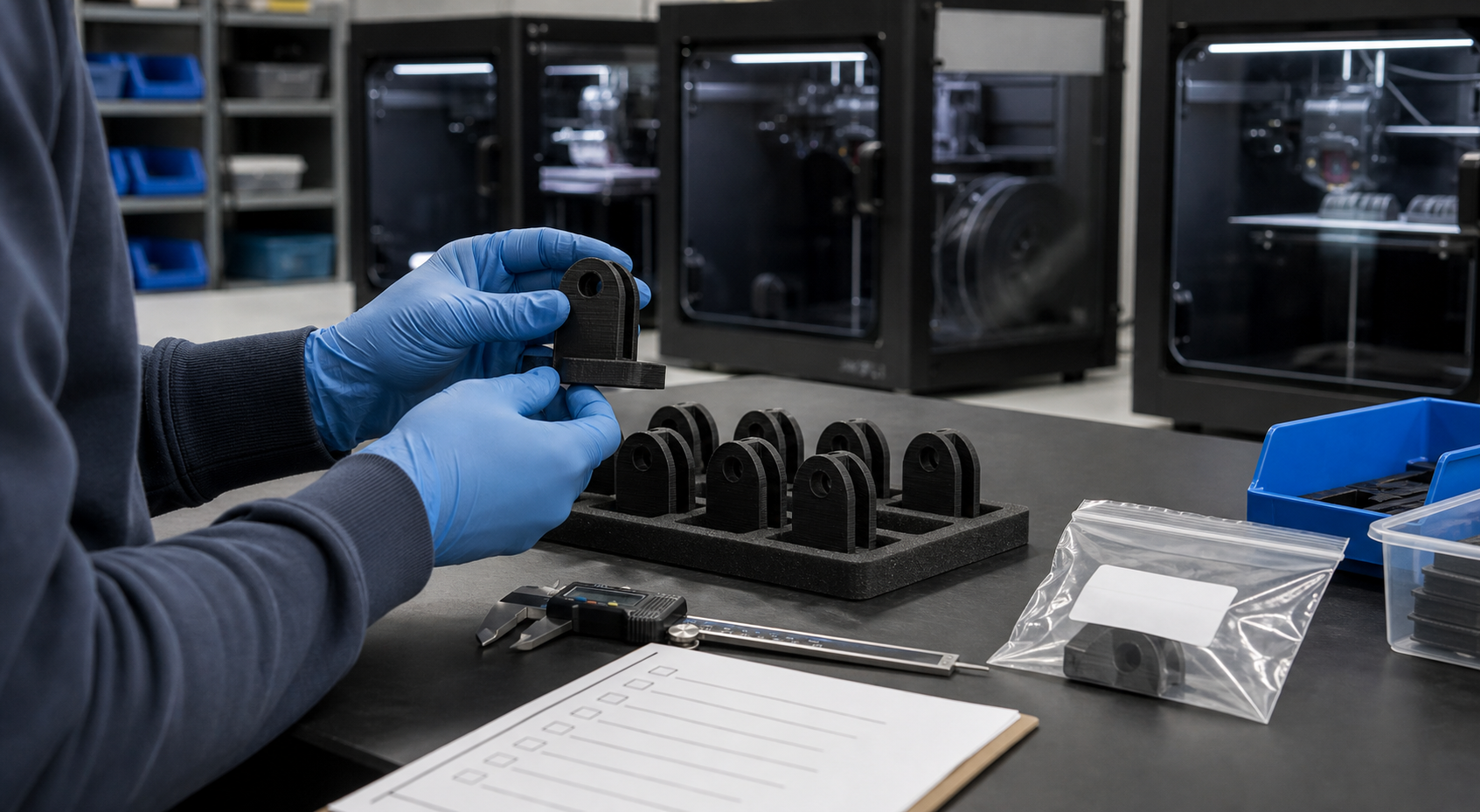 Print farm operator comparing an approved sample with a small batch before production sign-off