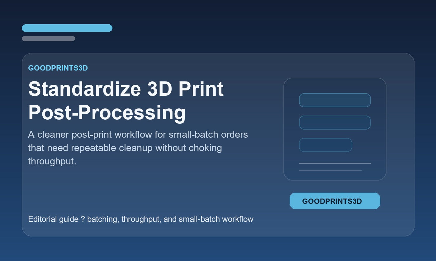 Branded GoodPrints3D article image for a guide about standardizing 3D print post-processing for small-batch orders.