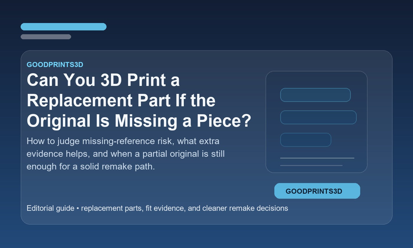 Branded GoodPrints3D article image for a guide about getting a replacement part 3D printed when the original is missing a piece.