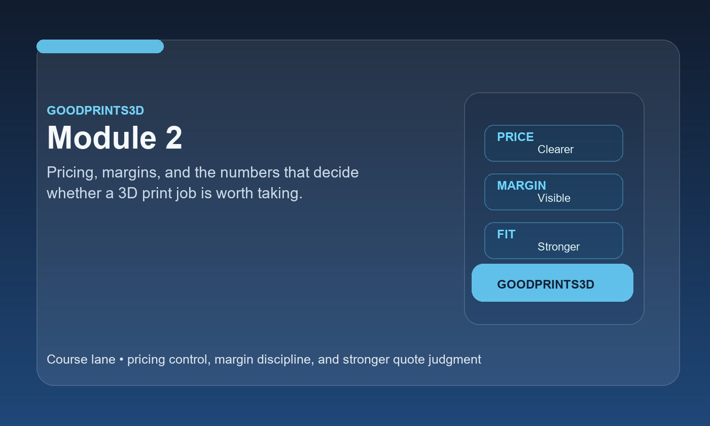 Branded GoodPrints3D image for Module 2 about pricing, margins, and the numbers that decide whether a 3D print job is worth taking.