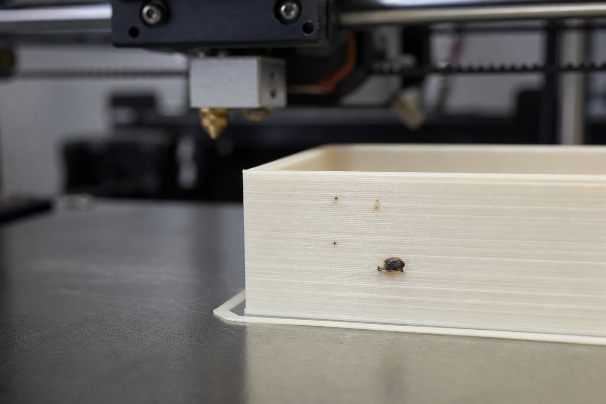 Ivory FDM print with random black and brown cooked-plastic specks on its wall beneath a 3D printer hotend