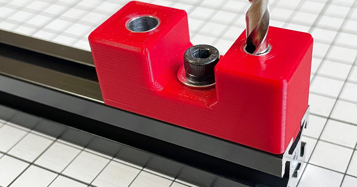 3D printed drill guide aligned on 2020 or 3030 aluminum extrusion for cleaner hole placement