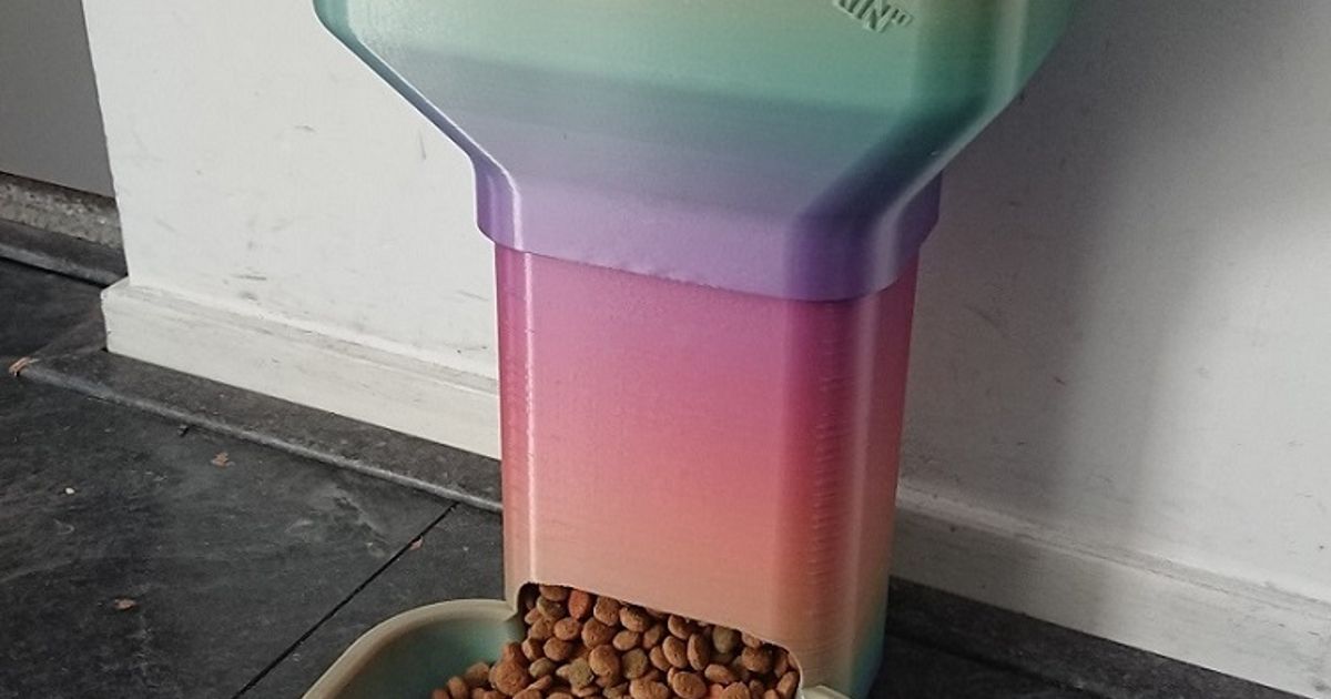 3D printed gravity-style cat feeder with elevated dry-food reservoir above a bowl