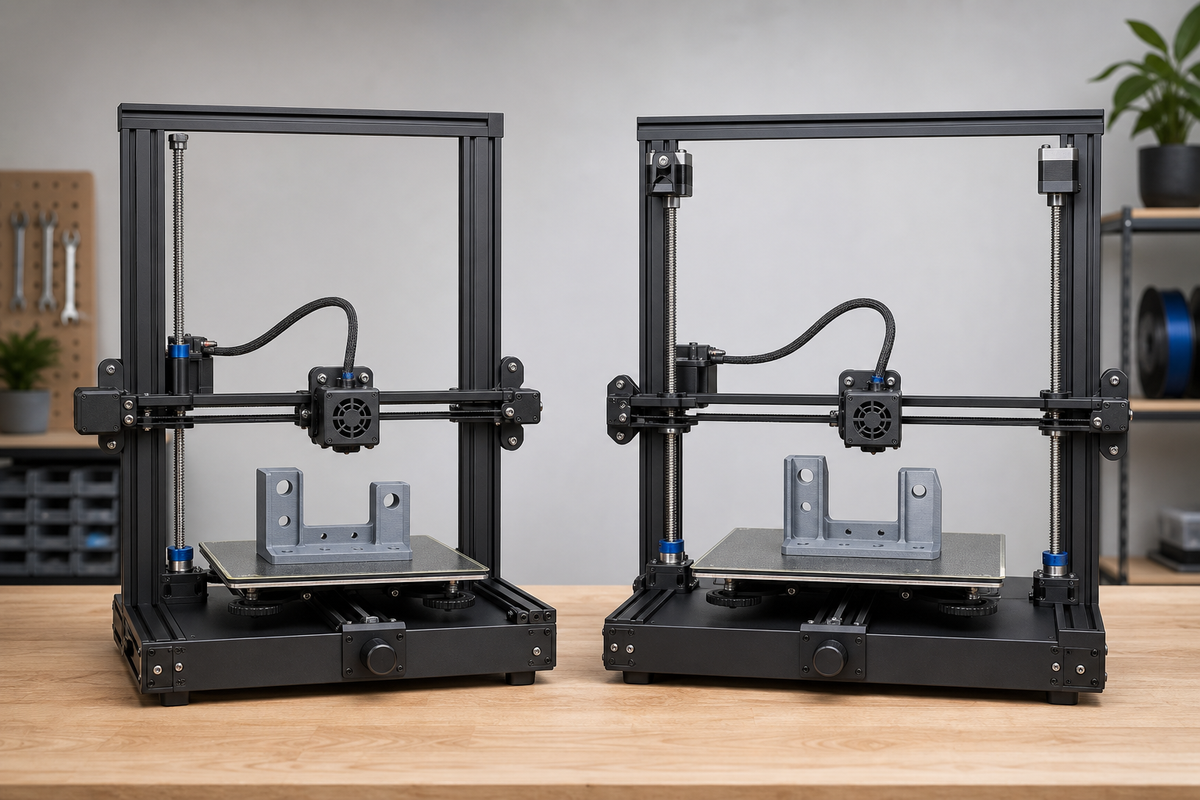Two open-frame FDM 3D printers comparing one Z lead screw on the left with two Z lead screws supporting the gantry on the right.