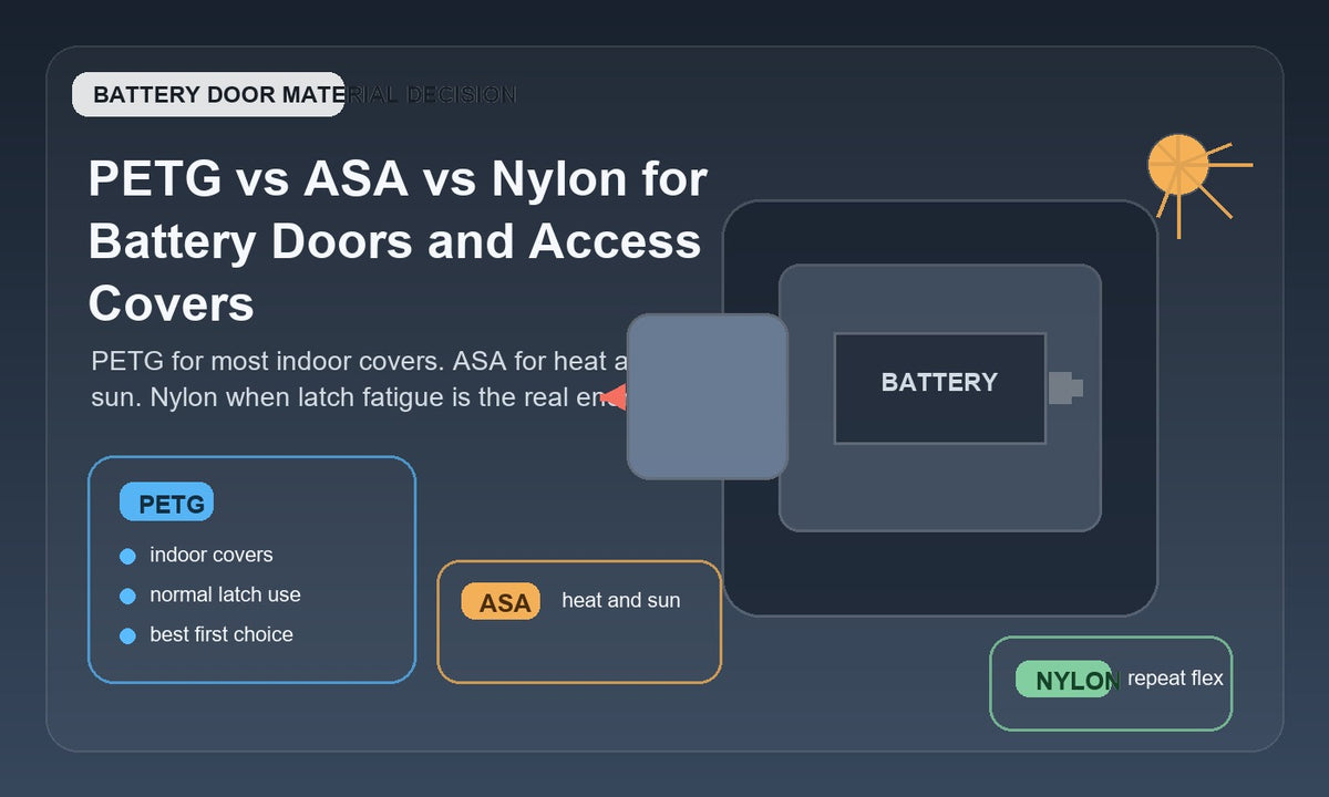 Comparison graphic for 3D printed battery doors and access covers, showing PETG for normal indoor use, ASA for hot or sun-exposed environments, and nylon for harder repeated-flex latching.