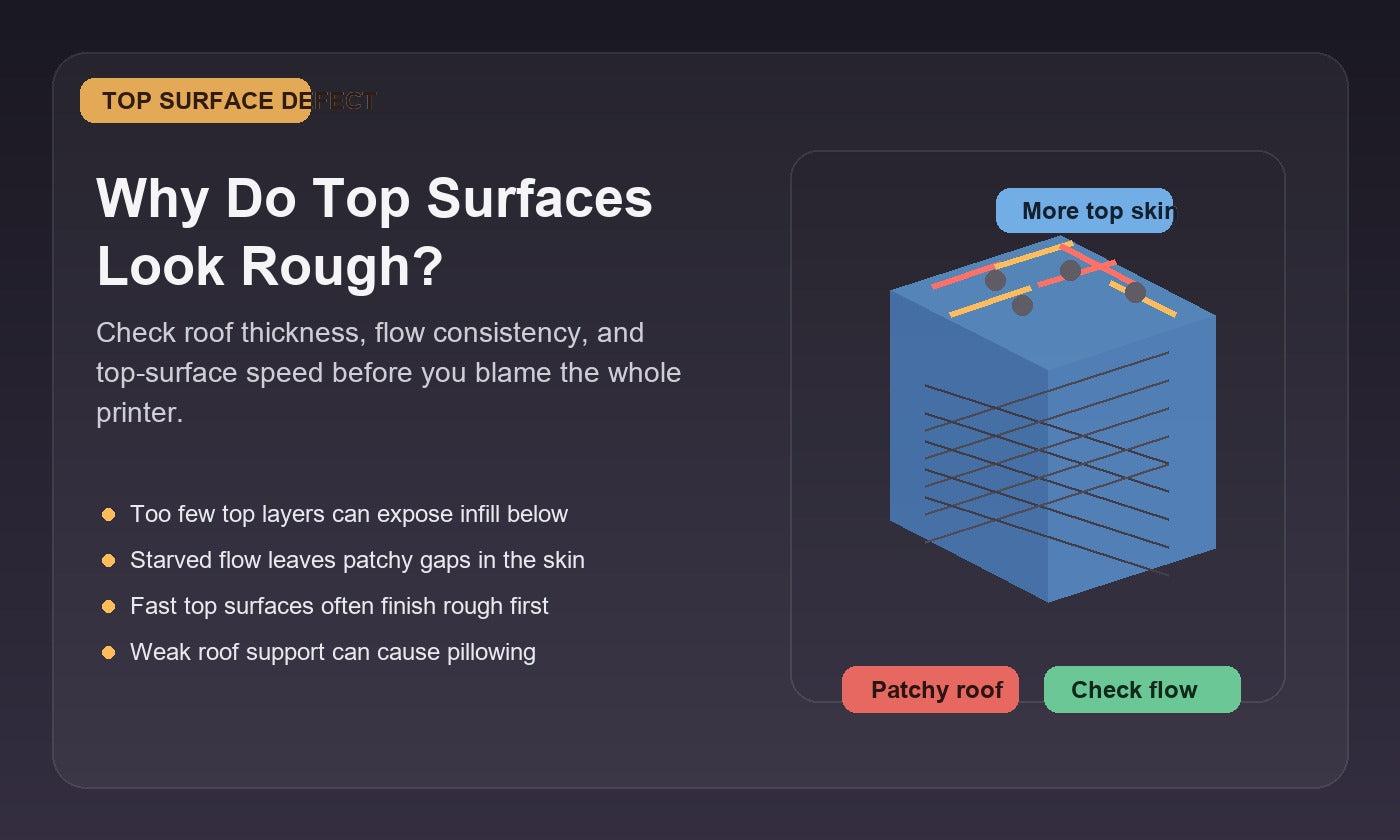 Illustration of a 3D print with a rough top surface, showing patchy roof lines and infill telegraphing through the top skin.