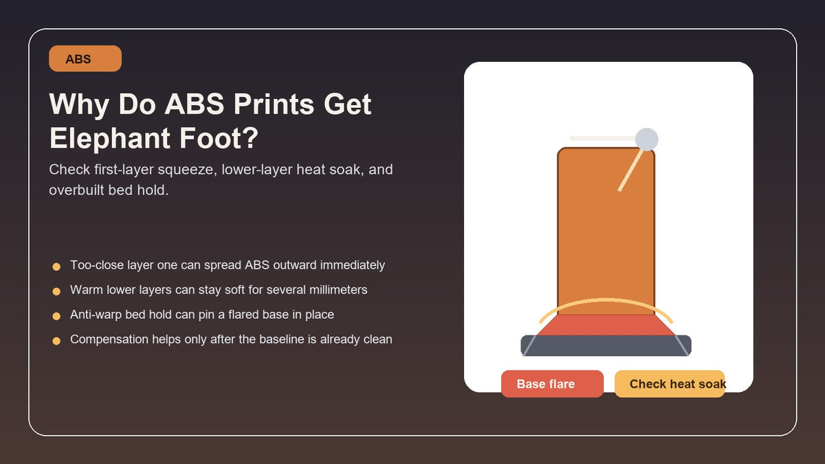 Illustration of an ABS 3D printed part with a flared bottom edge caused by first-layer squeeze and lower-layer heat soak near the bed.