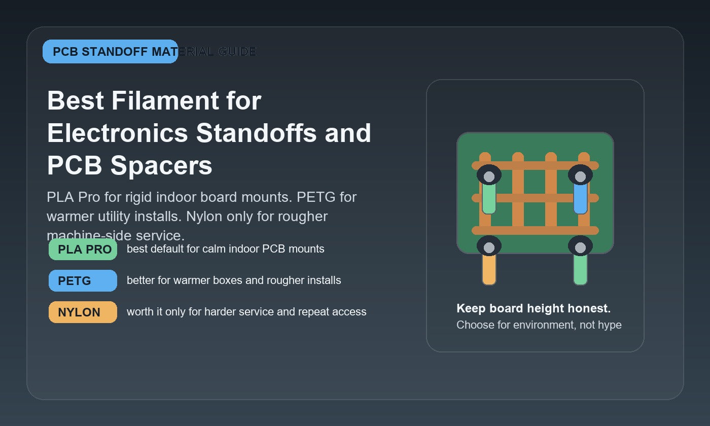 Illustrated material guide for 3D printed electronics standoffs and PCB spacers comparing PLA Pro, PETG, and nylon for indoor board mounts, warmer enclosures, and harder machine-side service.