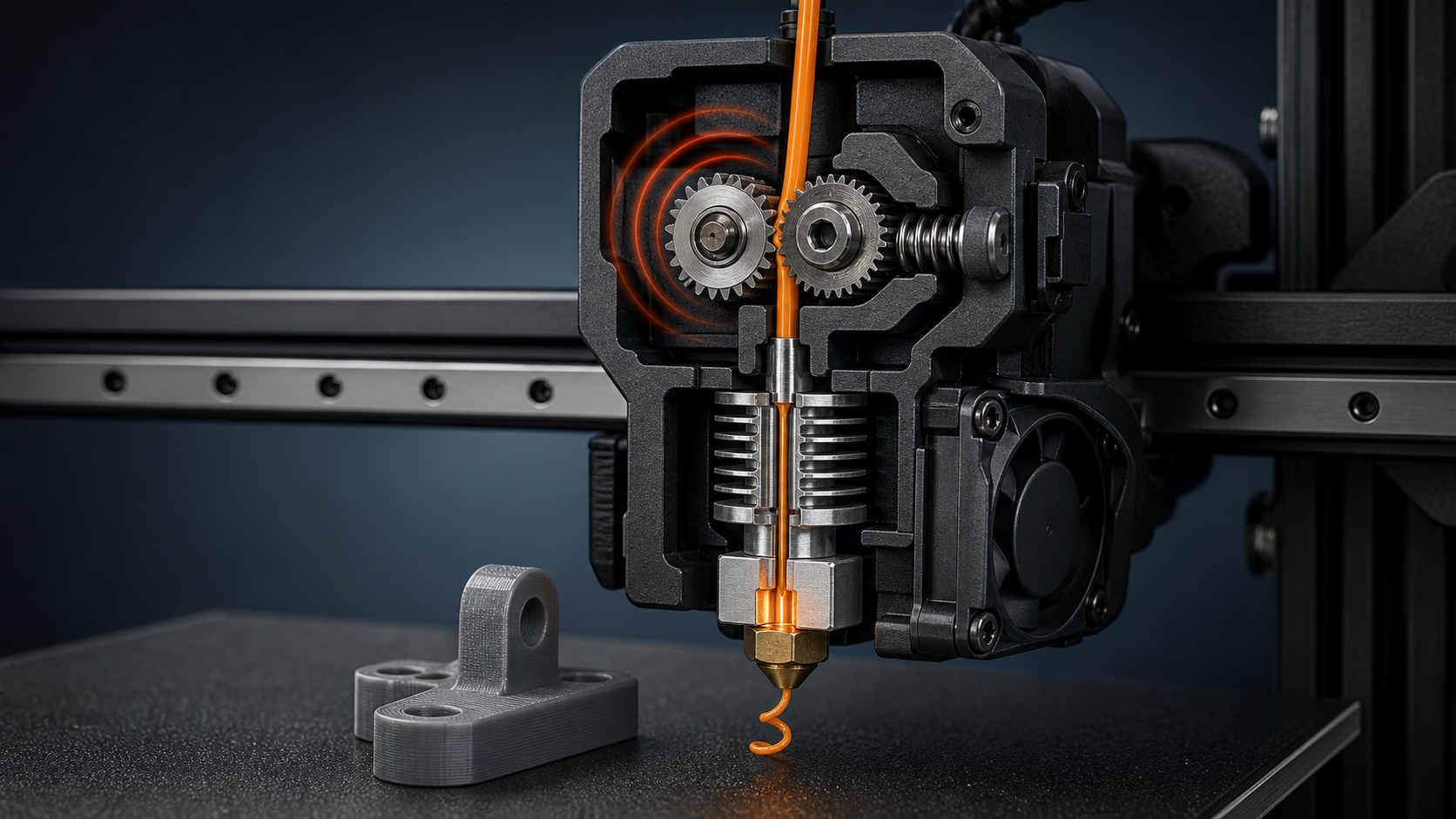 Cutaway illustration of a direct-drive 3D printer extruder clicking as its feeder gears struggle to push orange filament toward the hotend.